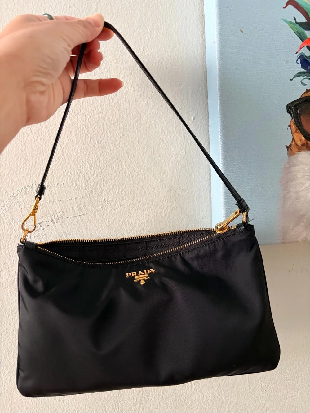 Prada Black Nylon Shoulder Bag with Gold-Tone Hardware - Picture 1 of 7